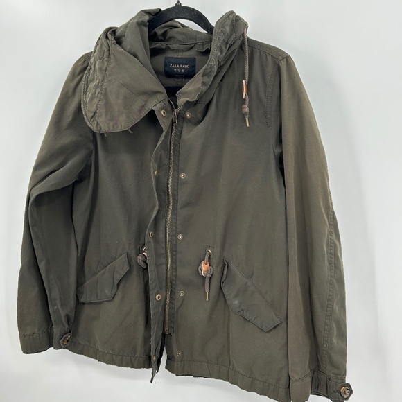ZARA Basic Army Green Full Zip Snap Button Utility Jacket Size Small - Picture 3 of 6